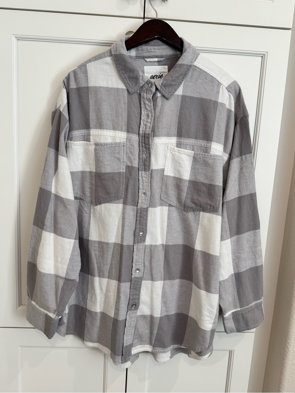 Aerie Anytime Fave Flannel Button Down Shirt Gray & White XL Like New